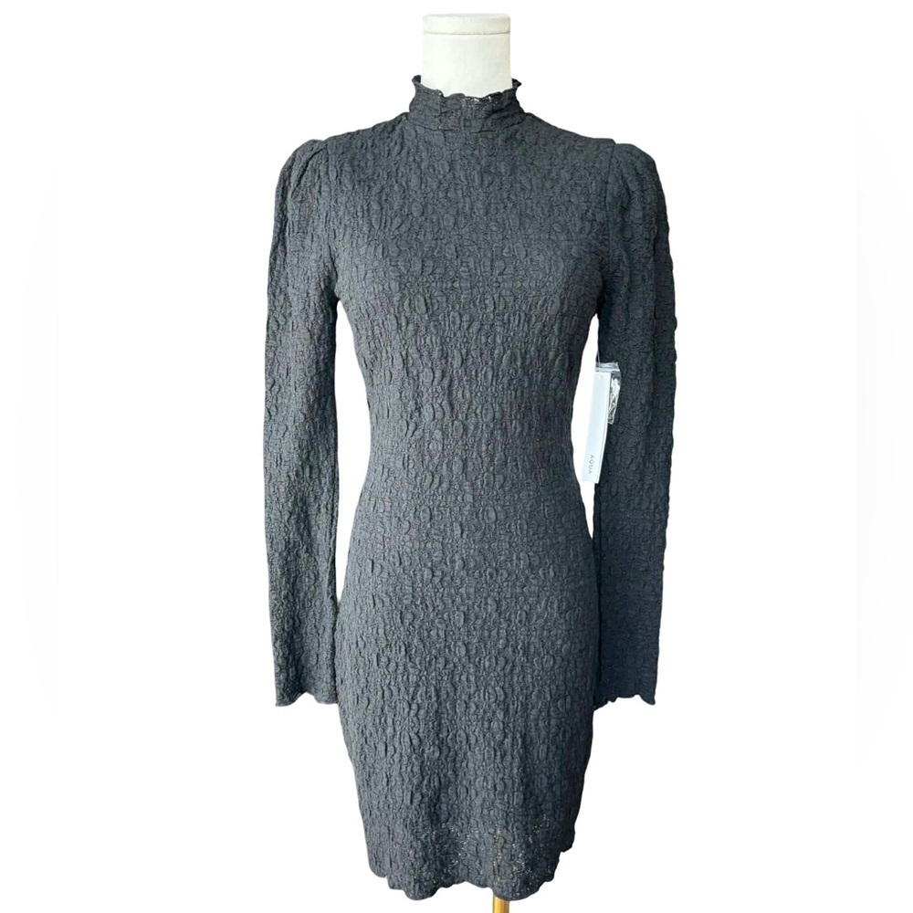 Aqua Long Sleeve Mock Neck Textured Dress